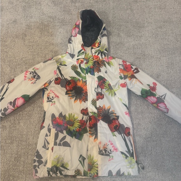 Volcom White and Red Ski Jacket with Bold Floral Design - Picture 1 of 2